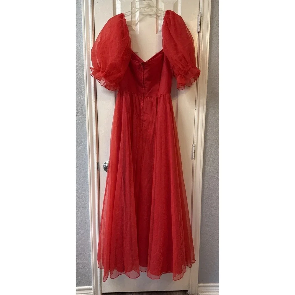 Vtg Red Chiffon Union Made Full Maxi Sweetheart Prom‎ Party Dress Puff Sleeves - Picture 6 of 16